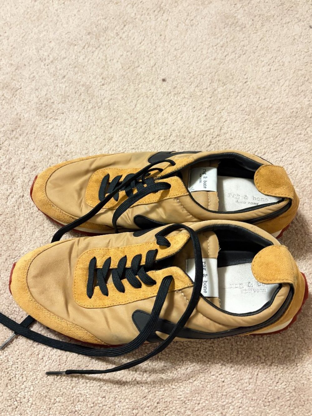 rag & bone Retro Runner Sneakers Mustard Suede Nylon Black Red Sole